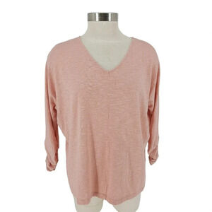 Garnet Hill Boxy Shirt Pink Ruched 3/4 Sleeve Lightweight V Neck Top